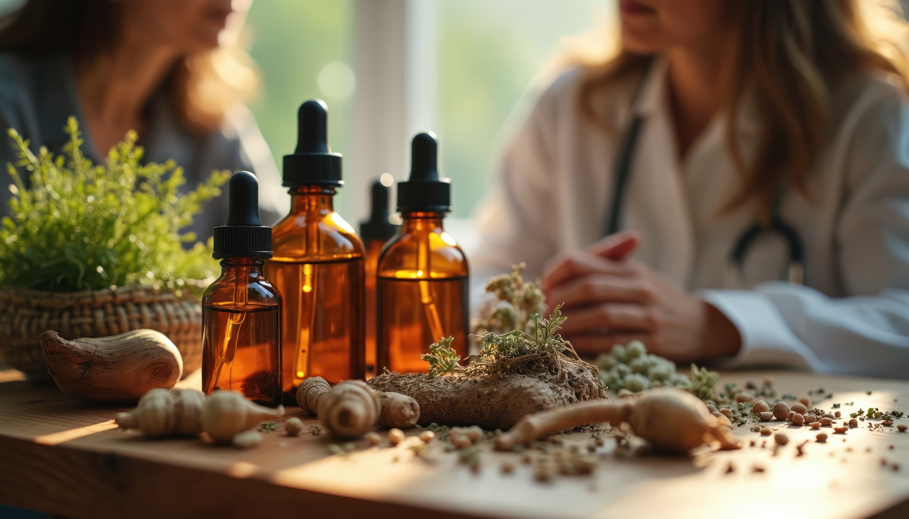 Close-up of practitioner reviewing herb interaction data