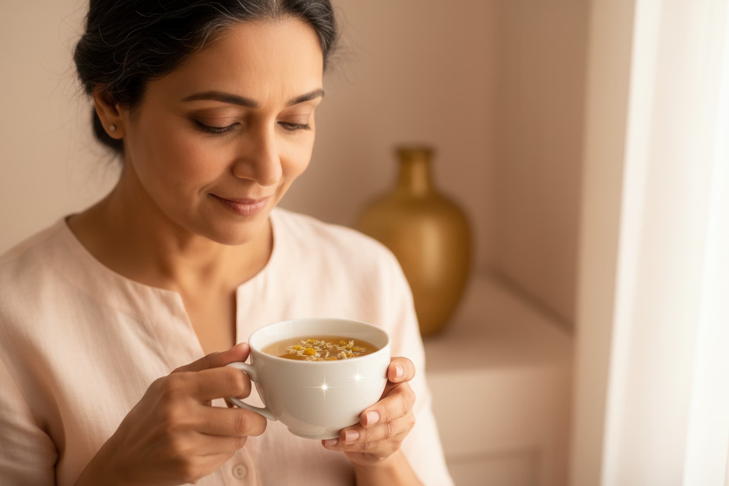 Person enjoying herbal tea in a warm, natural setting