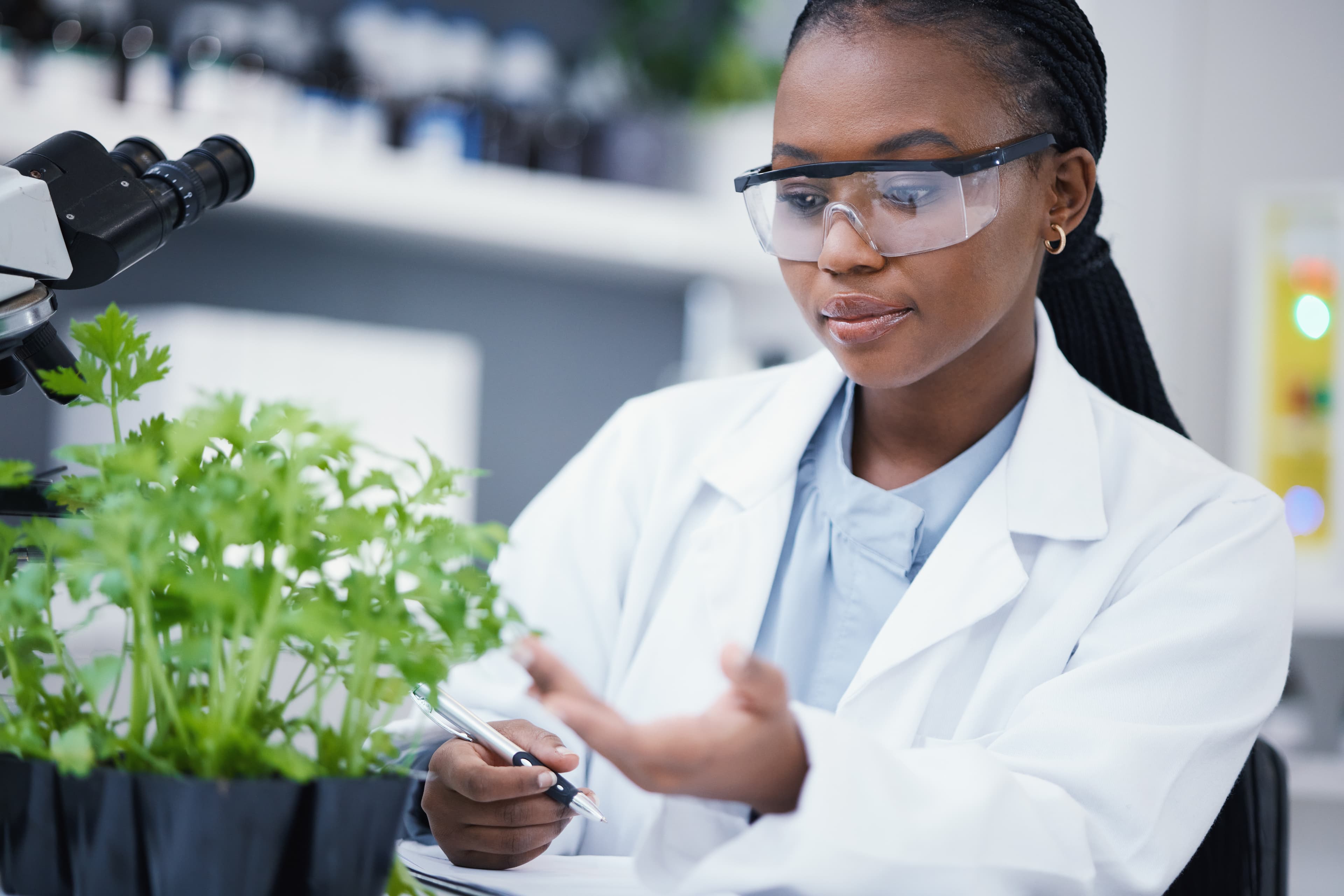 Scientist analyzing herbal compound data in a modern lab